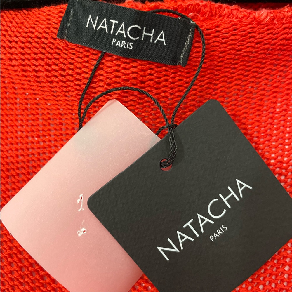 NWT Natacha Paris Open Front Long Sleeve Bold Red Orange Knit Hooded Cardigan - Picture 7 of 11